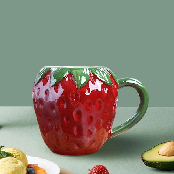 Jordgubbsmugg, Stor Kawaii 3D Fruktmugg, Keramikmugg Porslinskopp Kaffeemugg, Jordgubbsdekorativ Mugg Tekopp Kaffeemugg Födelsedagspresent