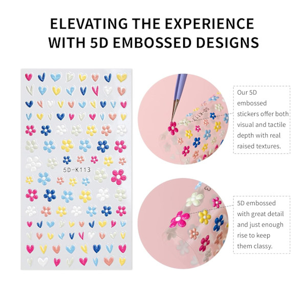 Blomster neglekunst klistremerker, preget negleklistremer neglekunstdesign selvklebende negleartikler med negletang