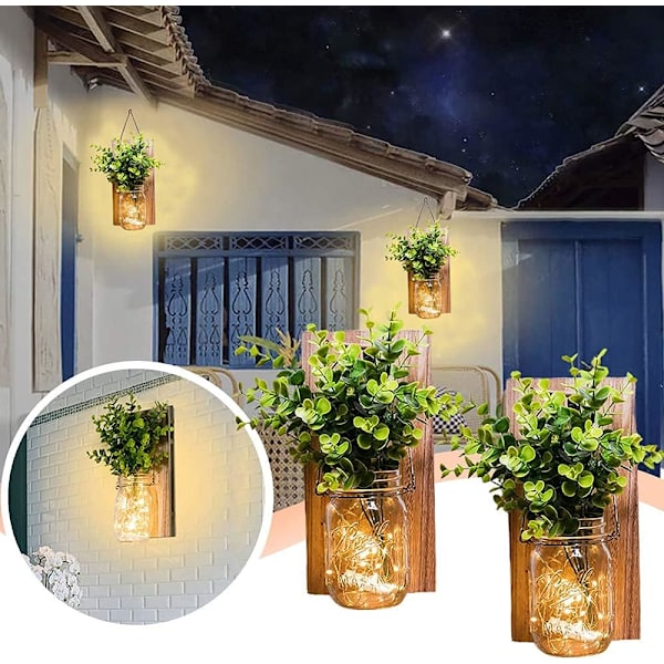Rustika väggsconces, Mason Jar Sconces, Bondgårdsinredning, LED-fe-ljus, Grön konstgjord växt, Inredning