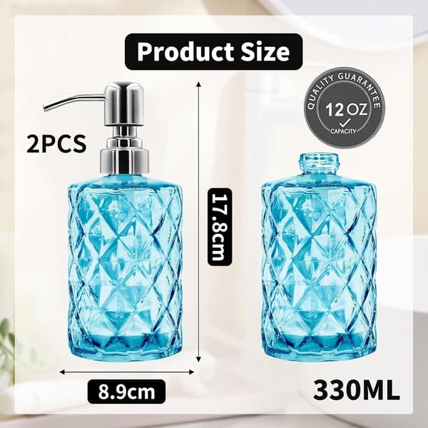 2-pak 355 ml sæbedispenser i glas med pumpe i rustfrit stål, genopfyldelig flydende håndsæbedispenser (blå)
