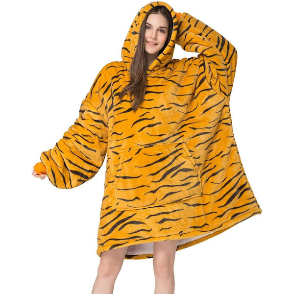 Oversized bærbare tæpper, blødt plys trykt Sherpa tæppe sweatshirt med lommer, one size fits all Tiger