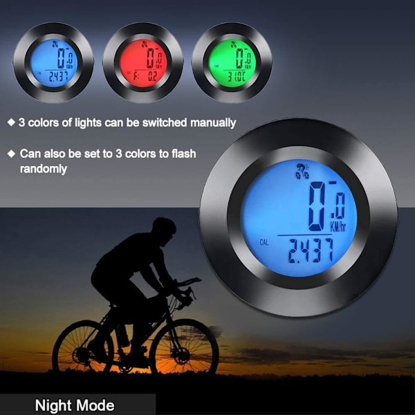 3 farvet LCD baggrundsbelyst rund cykel speedometer, multifunktionel vandtæt cykel kilometertæller speedometer