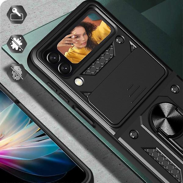 Kestävä panssarikuori, yhteensopiva Galaxy Z Flip 4:n kanssa, kova PC-iskunkestävä suojus rengaspidikkeellä