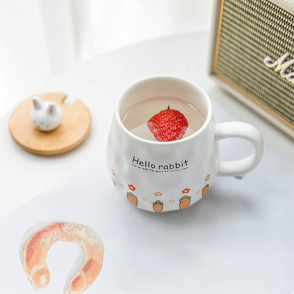 Frukostmugg Present till Vänner Katt Kaffe Mugg 400ml Kanin Te Koppen med Lock Sked (Orange Vit)