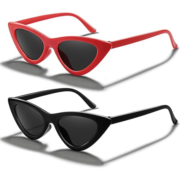 Två retro solglasögon klassiska cat-eye solglasögon UV385 skyddssolglasögon (svart båge med gråa linser röd båge med grå linser)