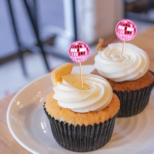30 stk Disco Ball Cupcake Toppers, Mini Disco Tema Kake Toppers med Pinner for Dessert Tilbehør Kakedekorasjoner