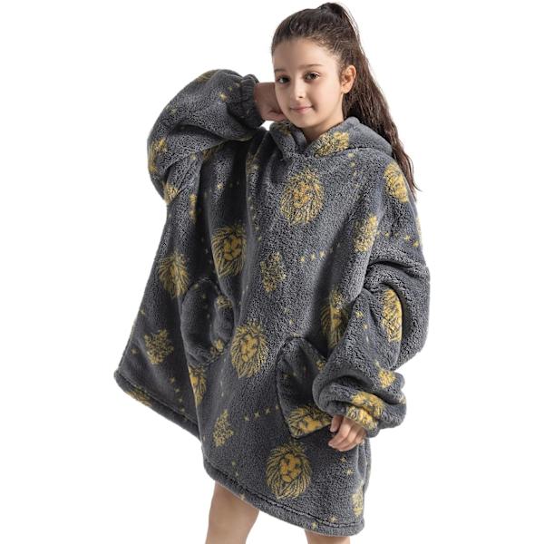 Barn Överdimensionerad Bärbar Filt Hoodie, Super Mjuk Varm Bekväm Sweatshirt Pullover Bärbar Filt för Pojkar Flickor Grey Lion