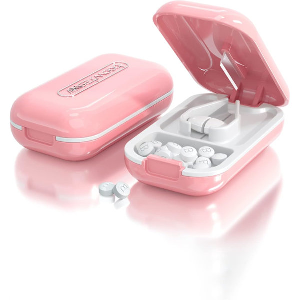 Liten pillerklippare, pillerdelare pillerklippare för små eller stora piller, skär vitaminer tabletter, bärbar vacker tablettklippare för handväska ficka, rosa