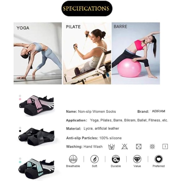 Yogasokker uden tæer, skridsikre greb og stropper, til Pilates, Barre, Ballet, Bikram, Træning