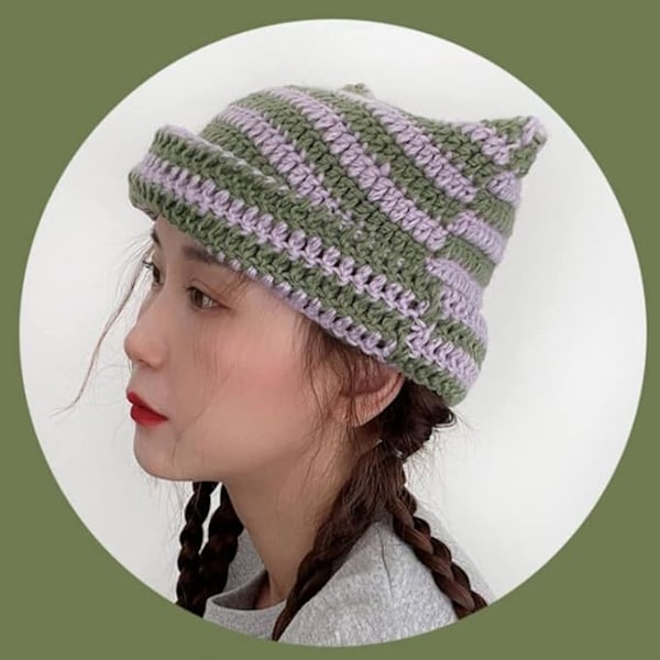 Fairy Beanie Y2K Katt i Hatt - Randig Virkad Slouchy Beanie Hatt Vinter Varm Stickad Mössa Huvudbonader Tillbehör color 2