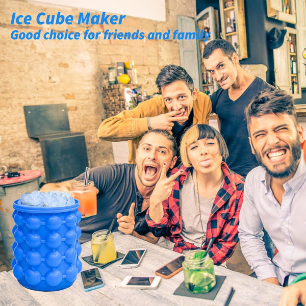 Ice Cube Maker, Silikon Iskuber Bakformar Hink Återanvändbar Round Ice Cube Maker Utrymmesbesparande verktyg med lock，blått
