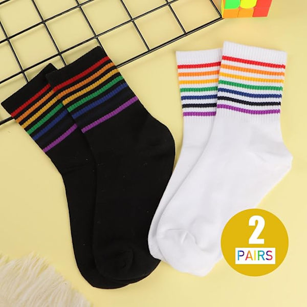Damstrumpor i Bomull med Regnbågsrandiga 35-39 Vita Svarta Mid-Calf Pride Day + Regnbågs Sportstrumpor Löpning Casual Present till Vän 2 Par