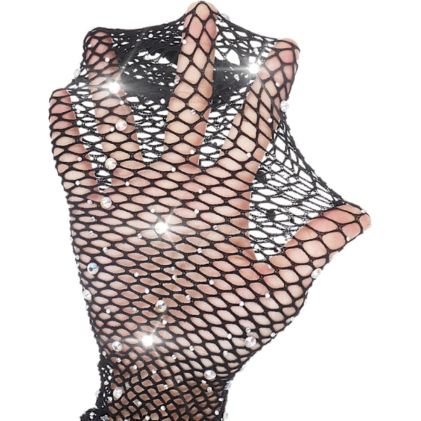 Lange Rhinestone Fishnet Fingerløse Hansker Glitrende Glitter Fishnet Hansker for 80-talls Festkostyme Black