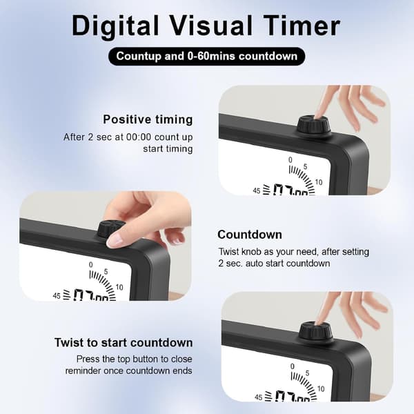 Digital Visuel Timer, 60 Minutters Nedtællingstimer, 3 Alarmtilstande, Temperatur- og Datovisning, til Børnekøkken, Sort