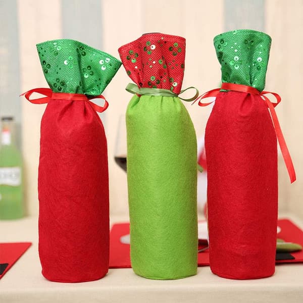 3-pack julvinflaskpåsar, presentpåsar med dragsko, för julfest, middagsbordsdekoration