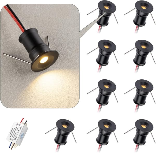 Led Mini Downlight DC12V 1W, til bogreoler og diverse udstillingsskabe som dekorative lys, indbygget installation, sort
