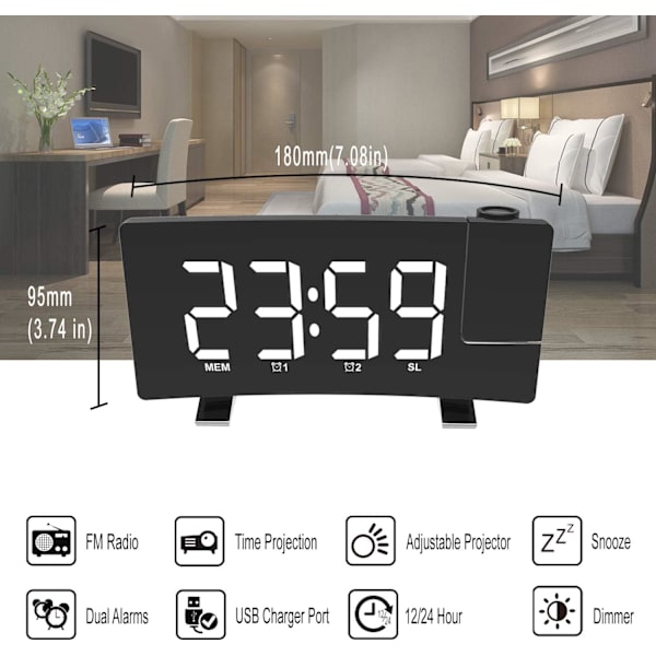 Projektionsvækkeur LED-skærm 4 justerbar lysstyrke Digitalt radiovækkeur med USB-telefonoplader Vækkeur med 2 alarm snooze-funktion Grøn White