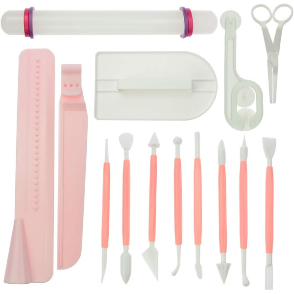 Fondant Kage Dekorationsværktøj med Justerbar Skraber Glasur Glattere Rullekage Trimmer Cutter Prægning Blomst Saks