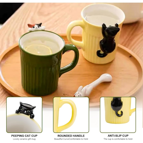 Rolig Kattmugg, Mugg med Tittande Katt, Listig Kattmugg, Personlig Kattkaffemugg, 3D Djurmugg, Fin Present, Par 350ml (Svart Katt)