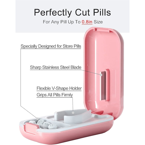 Liten pillerklippare, pillerdelare pillerklippare för små eller stora piller, skär vitaminer tabletter, bärbar vacker tablettklippare för handväska ficka, rosa