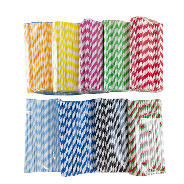 Engångspappersugrör i bulk, 100 stycken, röda/vita ränder, 19,7x0,6 cm - Miljövänliga sugrör