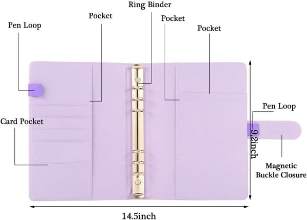 A5 PU Læder Ringbind, Genopfyldelig 6 Rund Ringbind Omslag, Business Notesbog Ringbind Notesblok og Møde Notesbog, (Lilla)