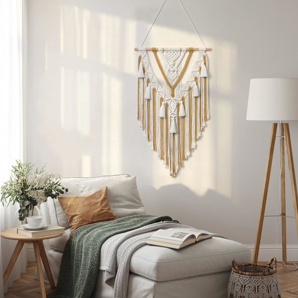 Makrame-seinävaate Boho Geometrinen Kudottu Tapetti Beige & Keltainen Puuvilla Käsintehty Bohemian Taidekoriste