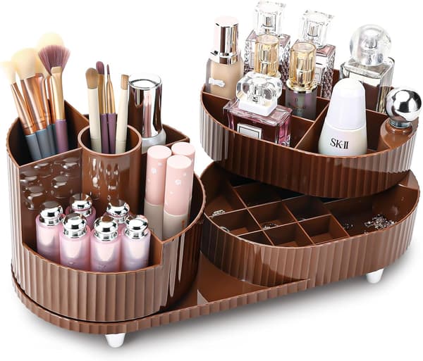 Makeup Organizer, 360° Roterende Makeup Organizer med 3-lags Rum, Perfekt til Kommode, Badeværelse, Soveværelse (Brun, To lag)