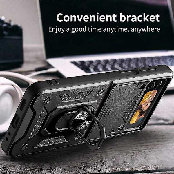 Kestävä panssarikuori, yhteensopiva Galaxy Z Flip 4:n kanssa, kova PC-iskunkestävä suojus rengaspidikkeellä