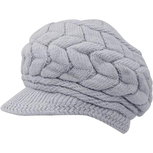 Vinterstrikket lue for kvinner med brem, elegant beanie med varm fleecefôr grey