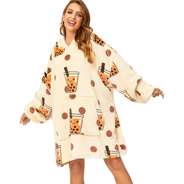 Oversized bærbare tæpper, blødt plys trykt Sherpa tæppe sweatshirt med lommer, one size fits all Milk Tea