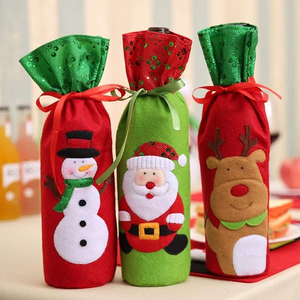 3-pack julvinflaskpåsar, presentpåsar med dragsko, för julfest, middagsbordsdekoration