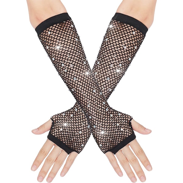 Pitkät Strassit Fishnet Sormittomat Hanskat Kimaltavat Glitter Fishnet Hanskat 80-luvun Puvulle Black