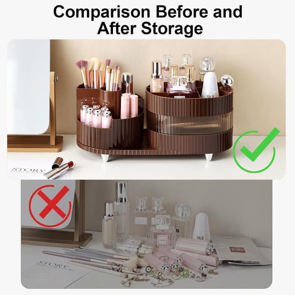 Makeup Organizer, 360° Roterende Make Up Organizer med 3-lags rum, Perfekt til Kommode, Badeværelse, Soveværelse (Brun, Tre lag)