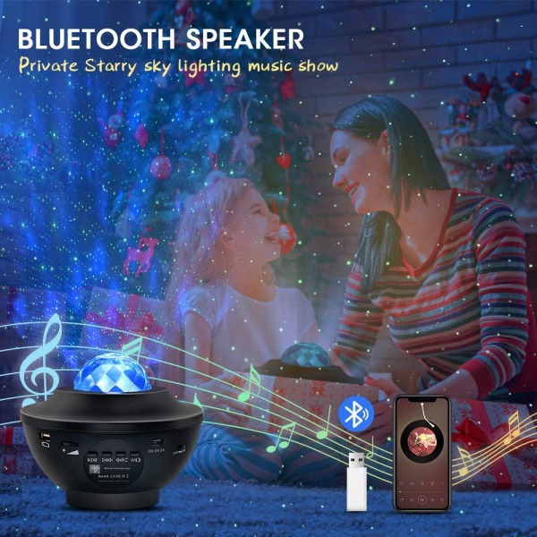 Stjerneprojektor nattlys 2 i 1 LED Nebula Cloud/Roterbar Ocean Wave Projektor med fjernkontroll og Bluetooth-høyttaler