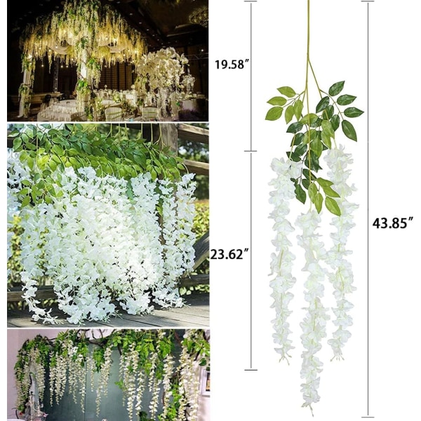 12 st konstgjorda hängande blommor 3,75 fot/st konstgjord Wisteria vinranka Ratta hängande girlang för fest bröllopsdekoration (vit)
