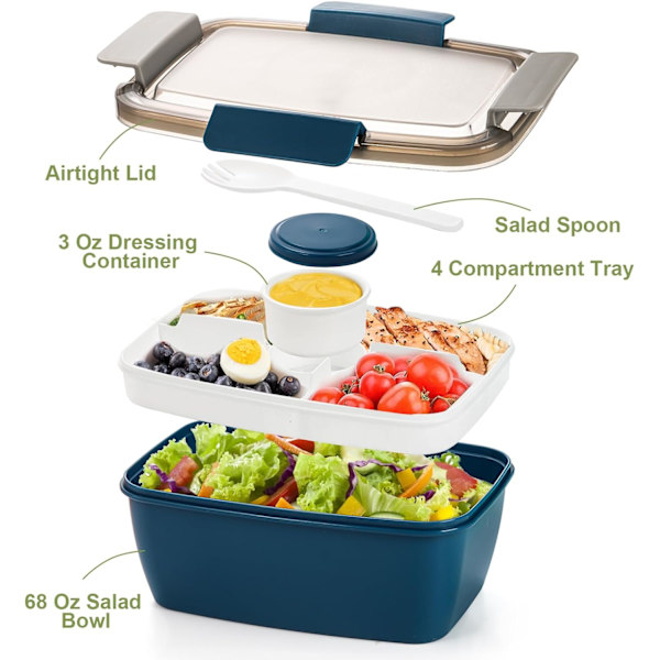 3-pack Salladslunchlåda med 4-delad bricka, Bento Lunchbox med sked & dressingkopp