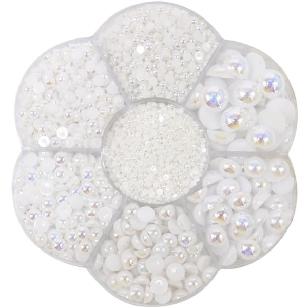 Approx 5600pcs Mixed Size DIY Half Pearl Bead Flat Back Plastic Craft Plastic Box (AB White)