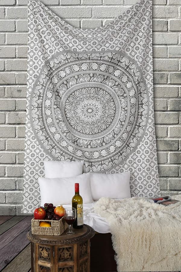 Bohemisk Mandala Tapestry Roséguld Bomull Väggbonad med Boho Elefantdesign för Sovrum, Sovsal, Heminredning 130x150 cm