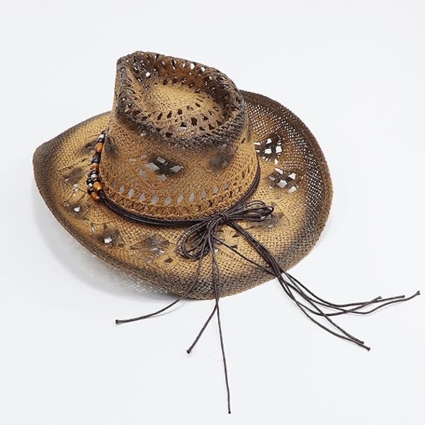 Hatte i vævet halm til mænd og kvinder - Cowgirl-hatte i halm - Kvinders cowboyhatte - Cowboyhatte med formbar skygge, strand-cowgirl, khaki