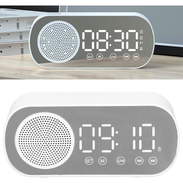 Digital vekkerklokke radio, Bluetooth V5.0 Hi-Fi høyttaler speilklokker dobbel alarmklokke slumre FM-radio, mikro-USB 1600mAh batteri
