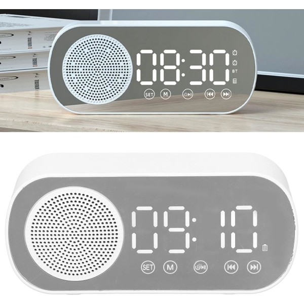 Digitalt vækkeur radio, Bluetooth V5.0 Hi-Fi højttaler spejlur dobbelt vækkeur snooze FM radio, Micro USB 1600mAh batteri