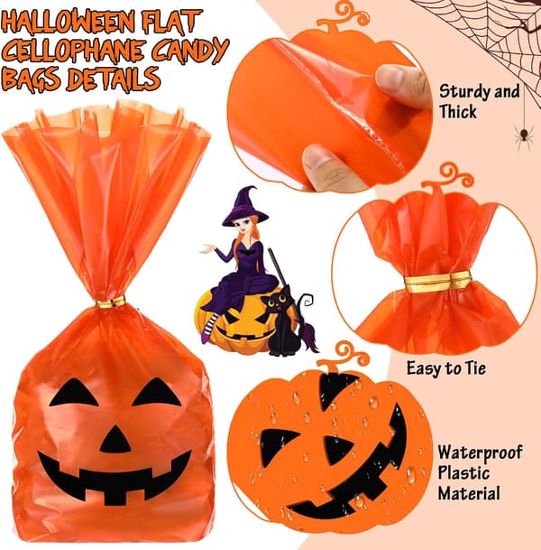 50 stycken Halloween-presentpåsar Pumpa-leendemönster Platta cellofanpåsar Halloween-plastpåsar