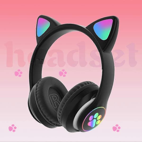 Gaming Headset Mote Bluetooth Katteøre LED Lysende Trådløst Headset - Rosa