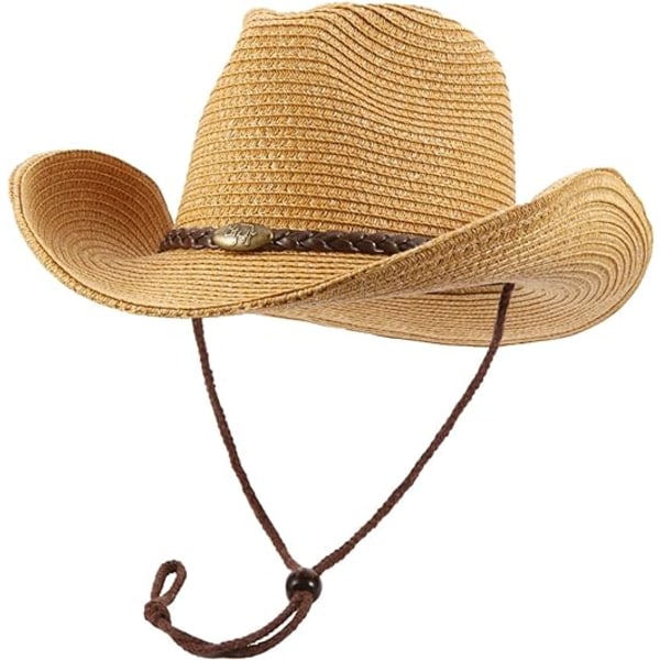 Vesterlands cowboyhat (med reb) til kvinder og mænd med foldbar sommer solbeskyttende stråhat bredbremmet hat, khaki