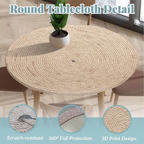 Rund bordsduk i polyester med elastisk kant och 3D-rottingtryck, tvättbar, 60 cm