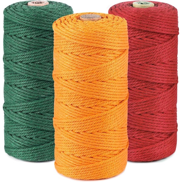 3 rullar Macrame Cord 3mmx100m, DIY Craft Cord Bomullsrep för vägghängning, växthängare, hantverk, stickning, dekorativa projekt Dark green+orange+red