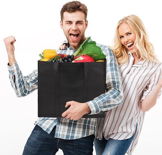 2-pack svarta shoppingväskor, återanvändbara matkassar, vikbara, tvättbara, lätta shoppingväskor för vardagsbruk