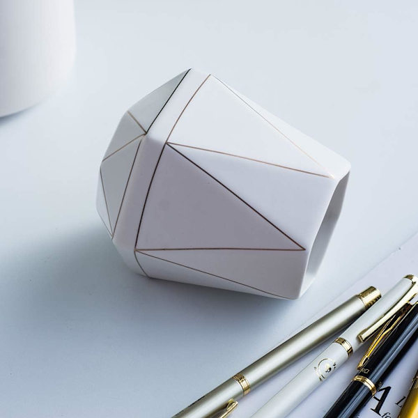 Keramisk Pæn Blyantsholder Stativ Guld Linie Blyantkop Pot Skrivebordsarrangør Makeup Penselholder