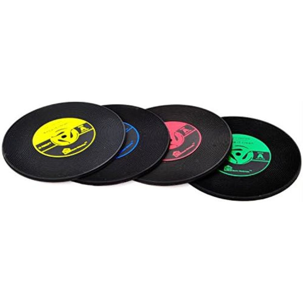 4x retro CD-alustoja, vinyyli, kahvi, juoma, kulhot